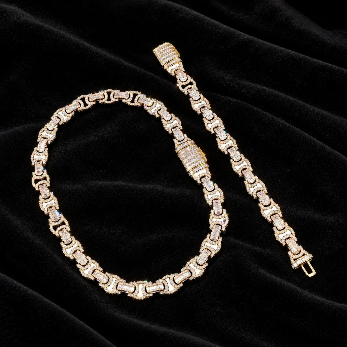 10mm Baguette Byzantine Bracelet — original finish on black velvet with moissanite fire