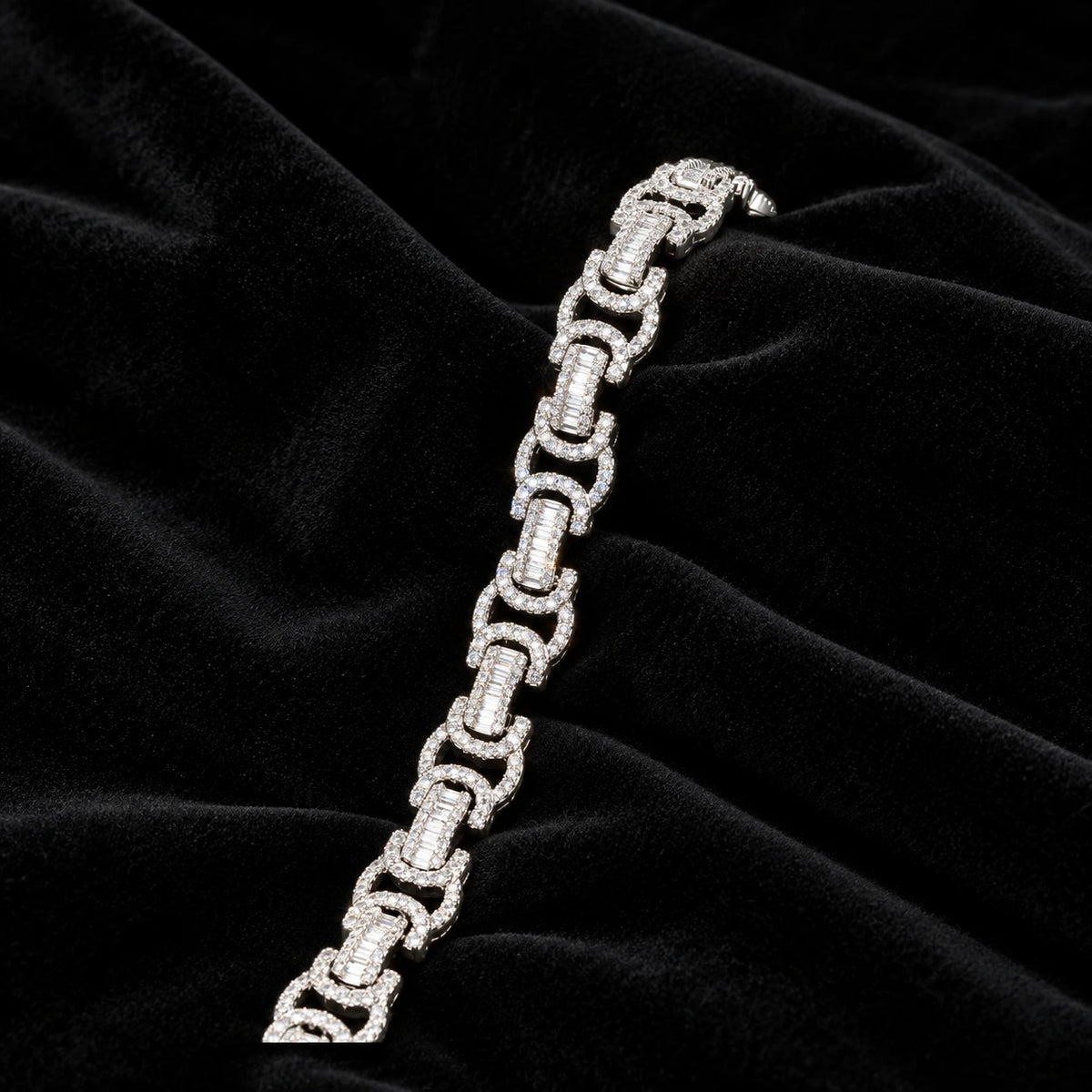 10mm Baguette Byzantine Bracelet — original finish on black velvet with moissanite fire