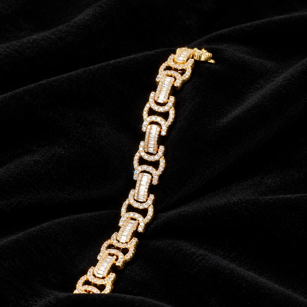 10mm Baguette Byzantine Bracelet — original finish on black velvet with moissanite fire