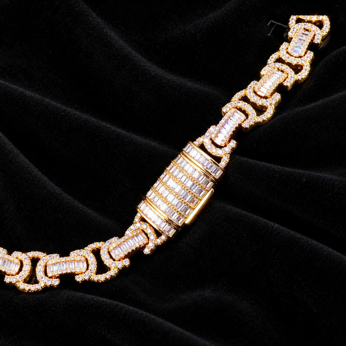 10mm Baguette Byzantine Chain — original finish on black velvet with moissanite fire
