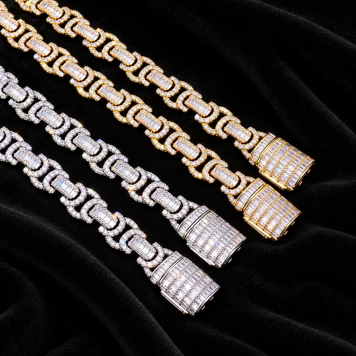 10mm Baguette Byzantine Chain — original finish on black velvet with moissanite fire