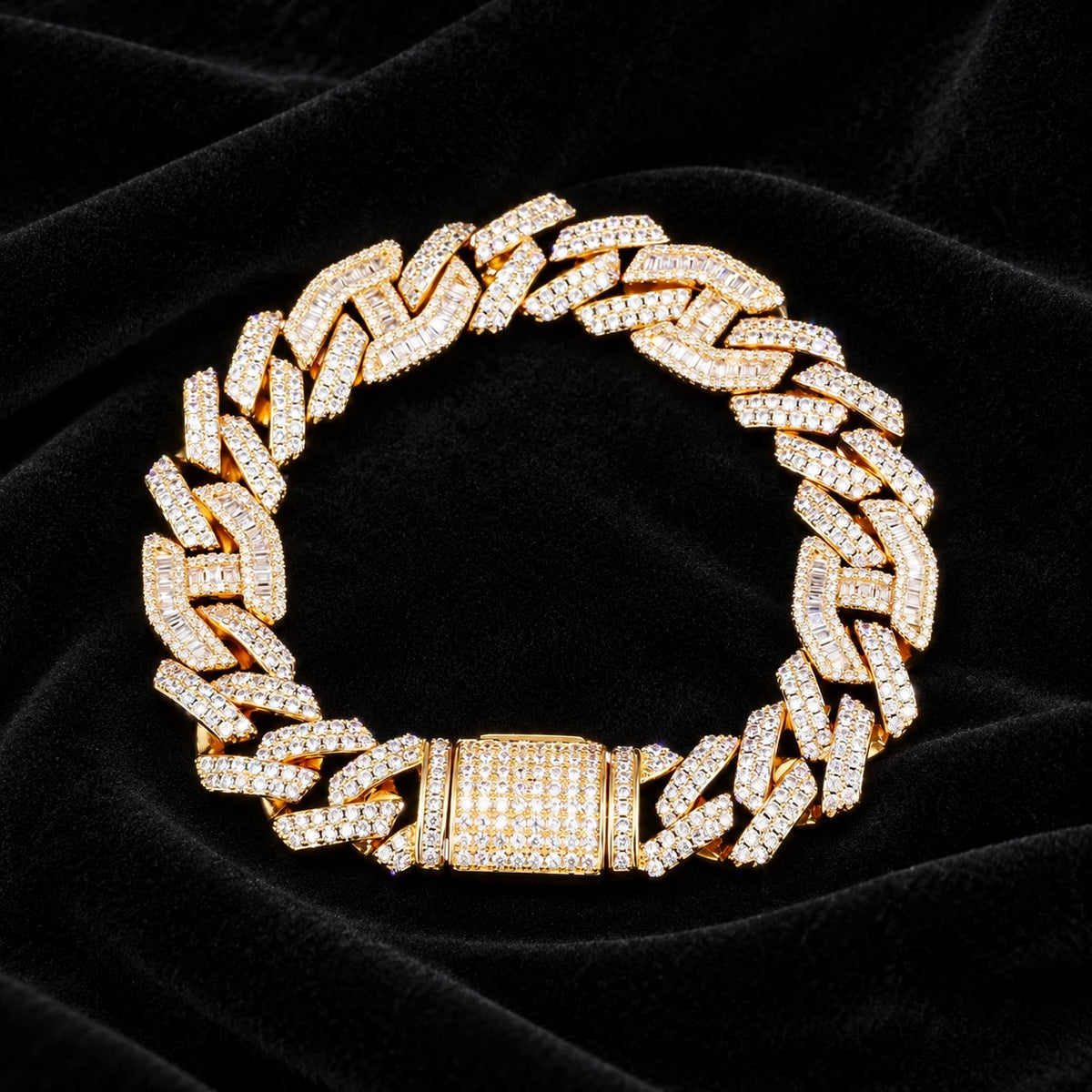 14mm Prong Baguette Cuff Bracelet — original finish on black velvet with moissanite fire