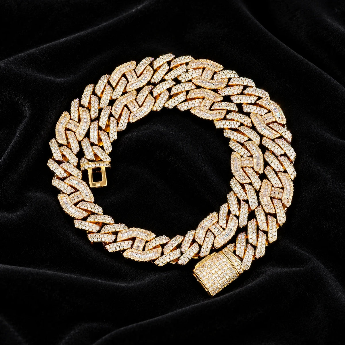 14mm Prong Baguette Cuff Chain — original finish on black velvet with moissanite fire