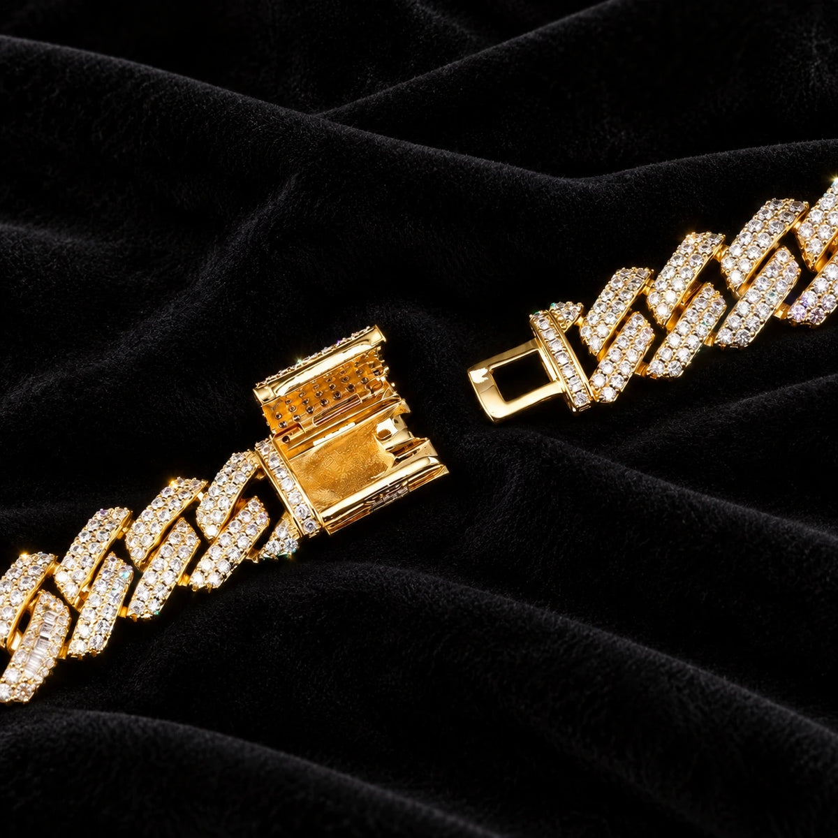 14mm Prong Baguette Cuff Chain — original finish on black velvet with moissanite fire