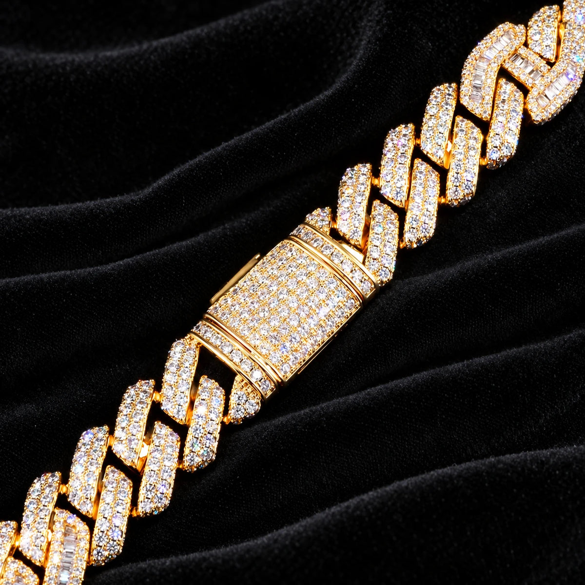 14mm Prong Baguette Cuff Bracelet — original finish on black velvet with moissanite fire