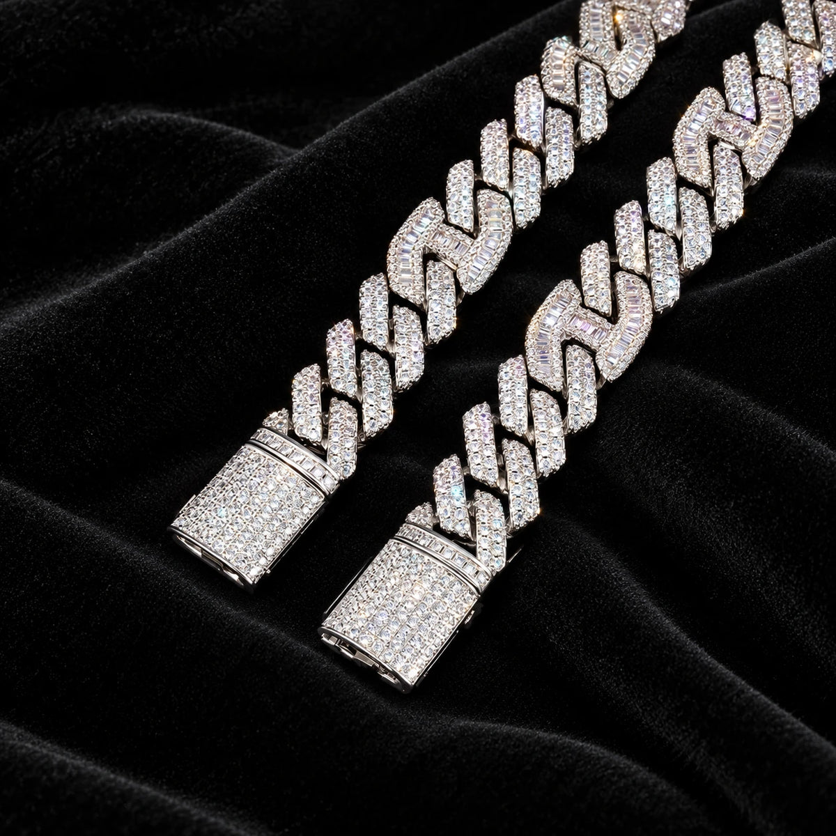 14mm Prong Baguette Cuff Bracelet — original finish on black velvet with moissanite fire
