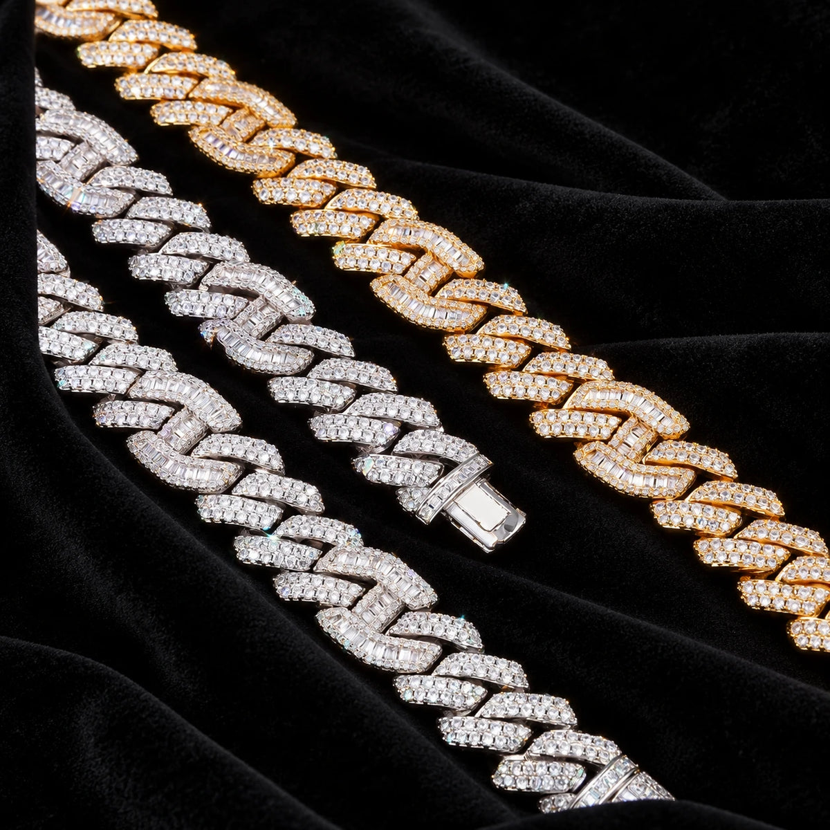 14mm Prong Baguette Cuff Chain — original finish on black velvet with moissanite fire