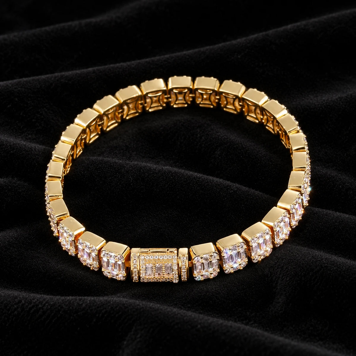 Square Baguette Tennis Bracelet — original finish on black velvet with moissanite fire