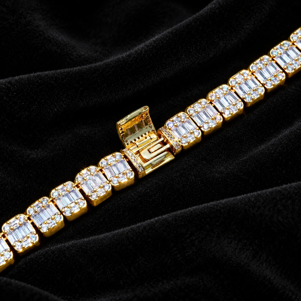 Square Baguette Tennis Bracelet — original finish on black velvet with moissanite fire