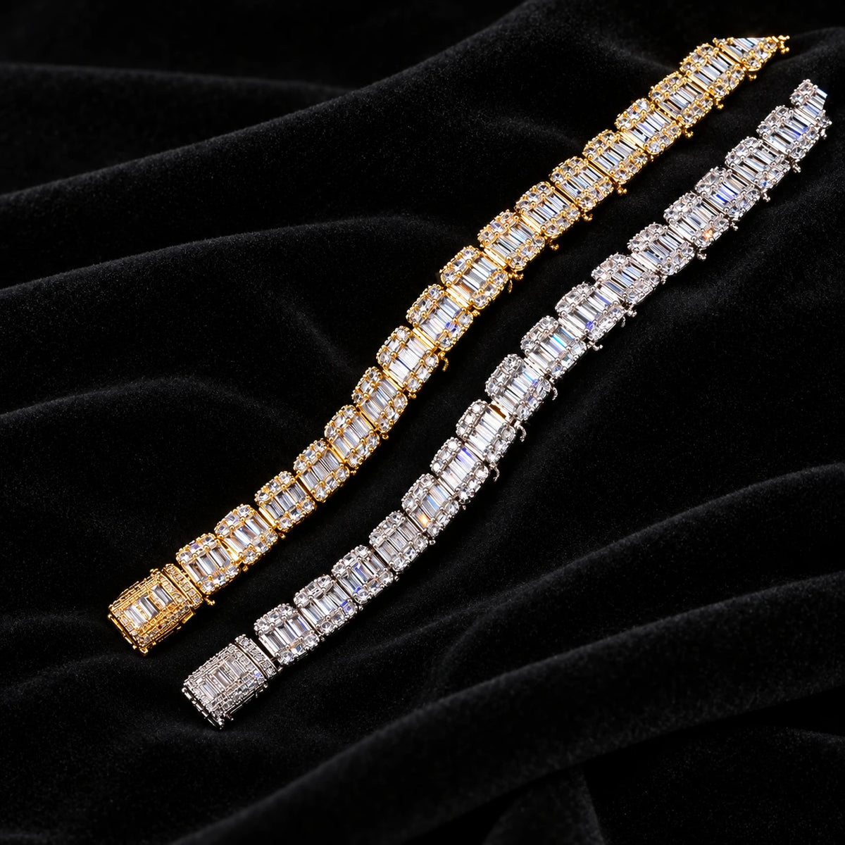 Square Baguette Tennis Bracelet — original finish on black velvet with moissanite fire