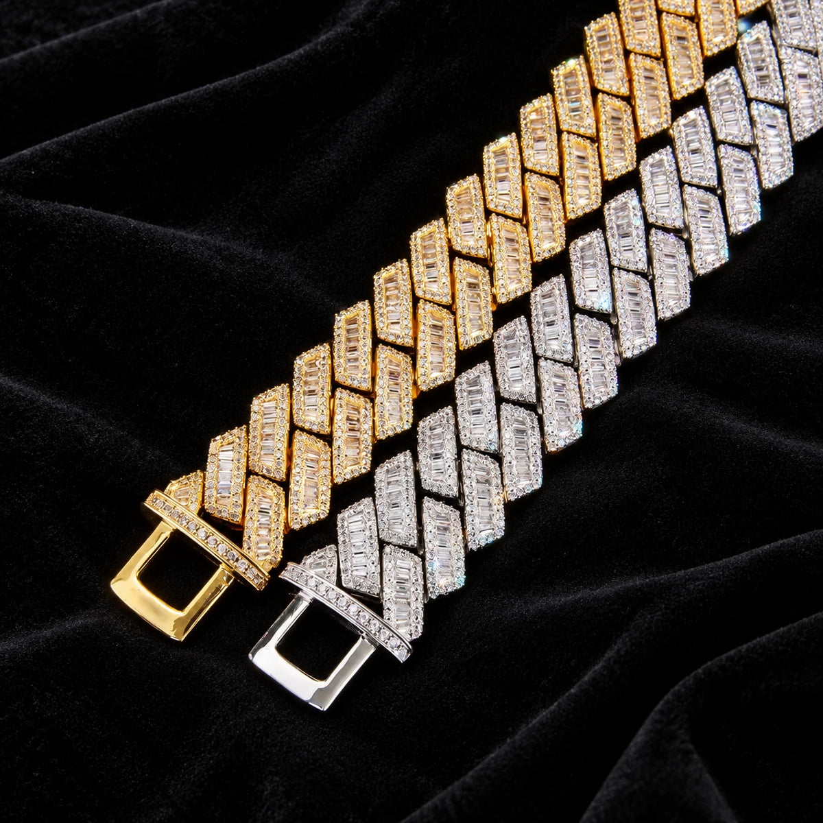 Prong Baguette Cuban Bracelet — original finish on black velvet with moissanite fire