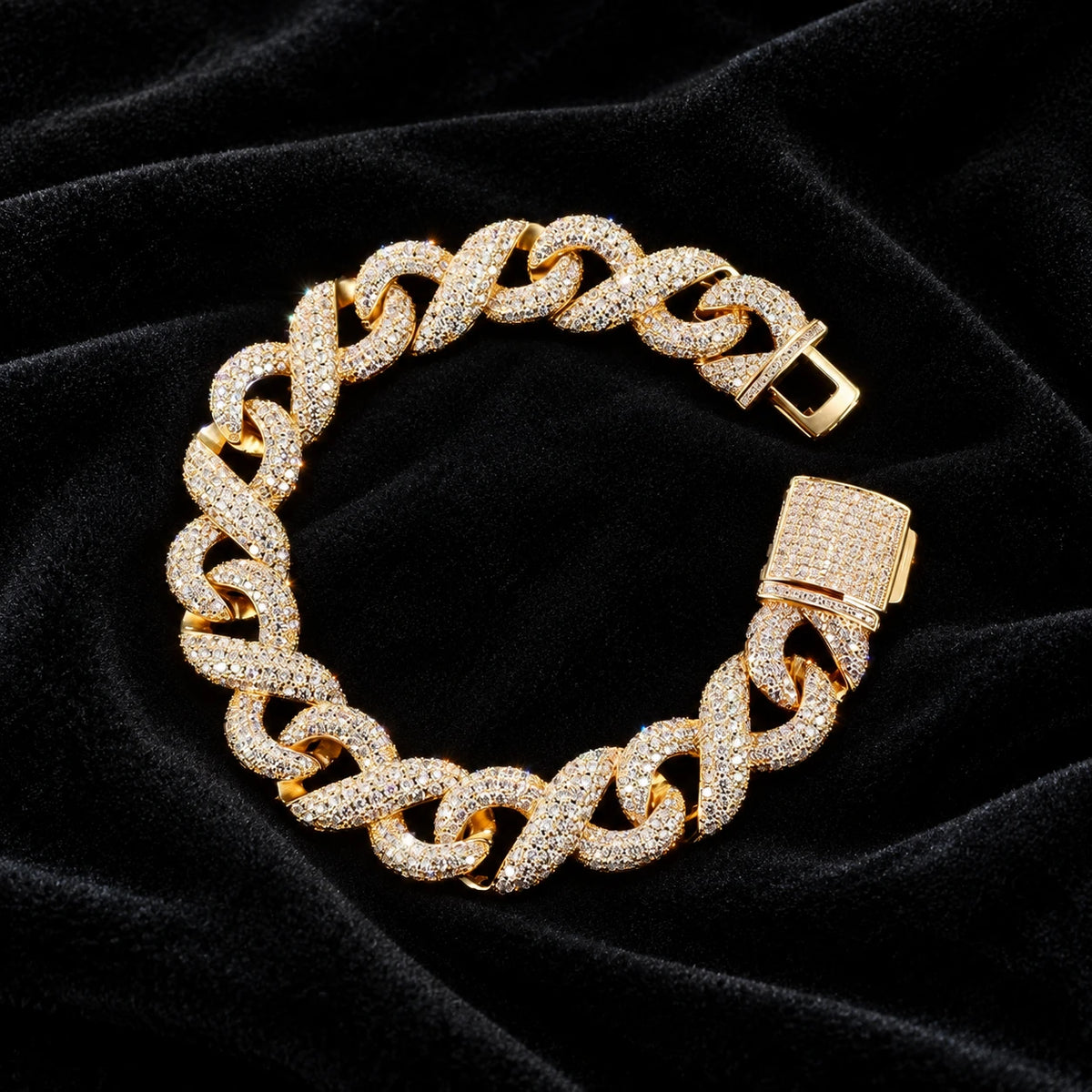 Infinity Cuban Bracelet — original finish on black velvet with moissanite fire