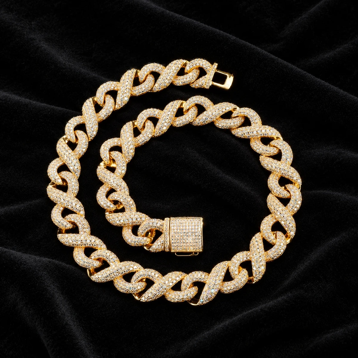 Infinity Cuban Chain — original finish on black velvet with moissanite fire