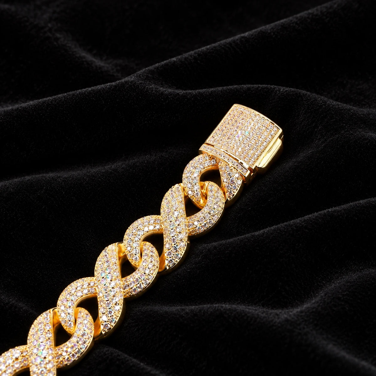Infinity Cuban Bracelet — original finish on black velvet with moissanite fire