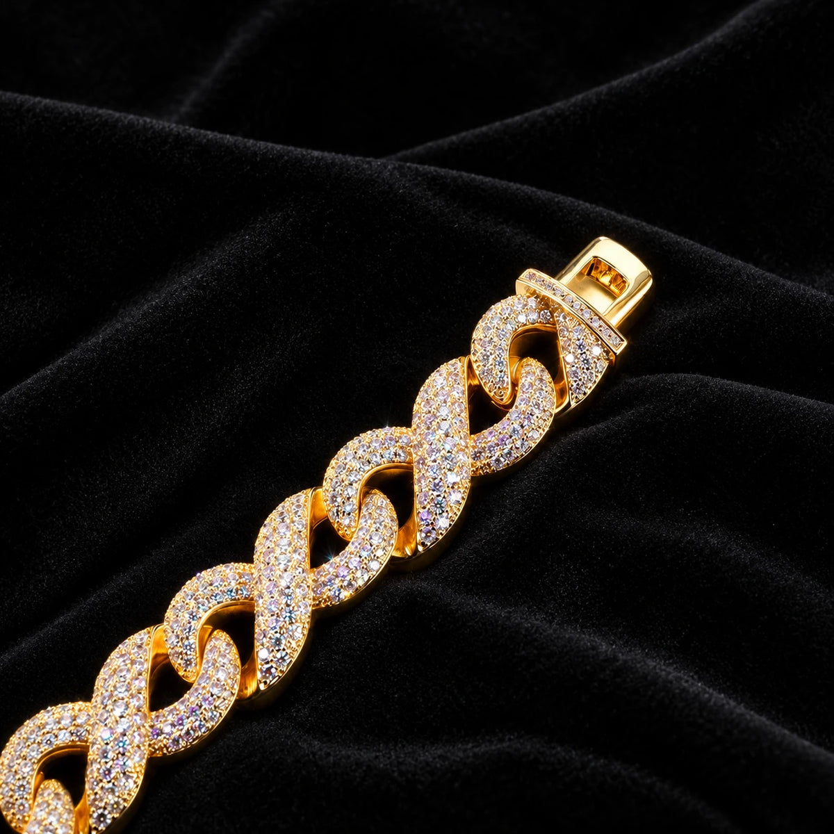 Infinity Cuban Chain — original finish on black velvet with moissanite fire