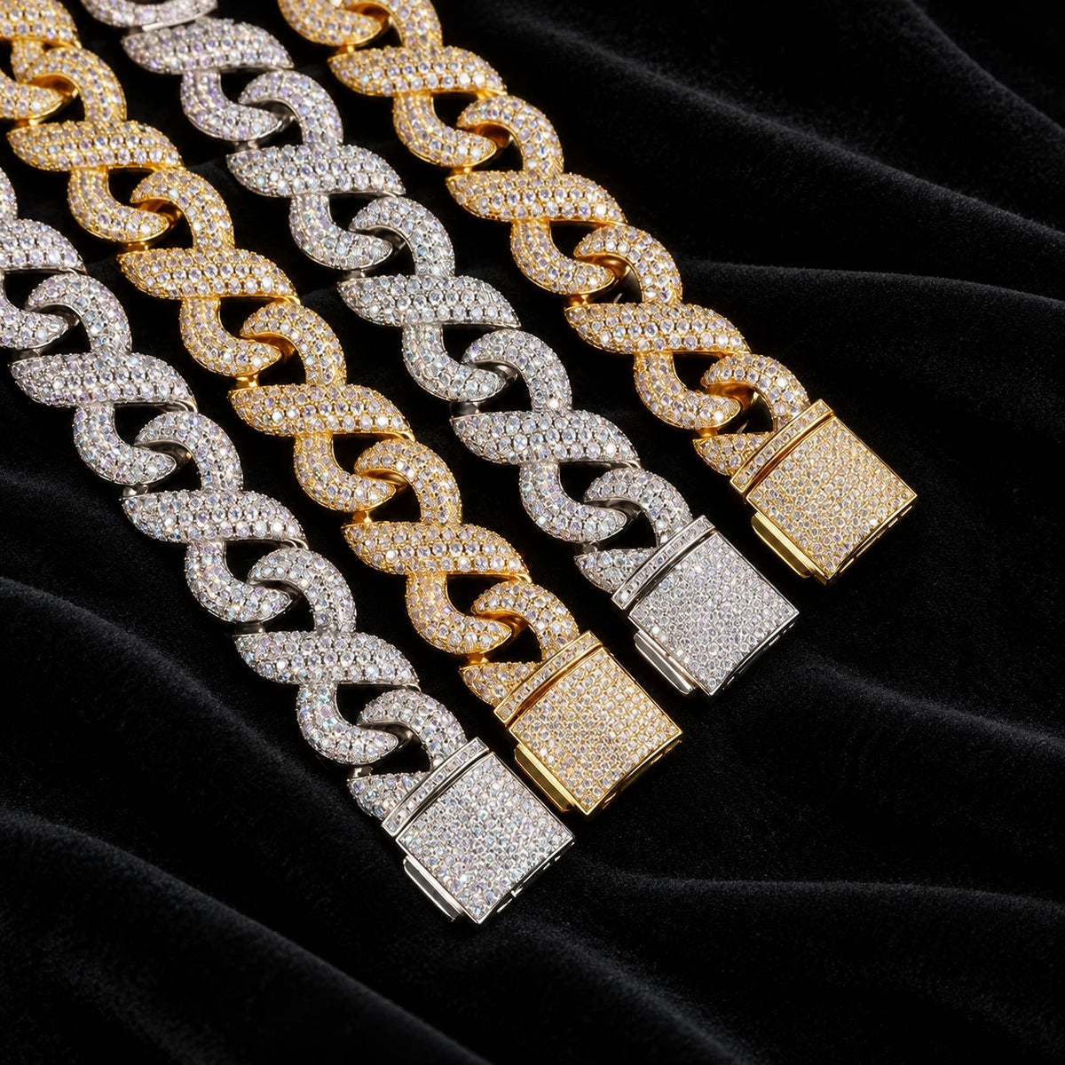 Infinity Cuban Bracelet — original finish on black velvet with moissanite fire