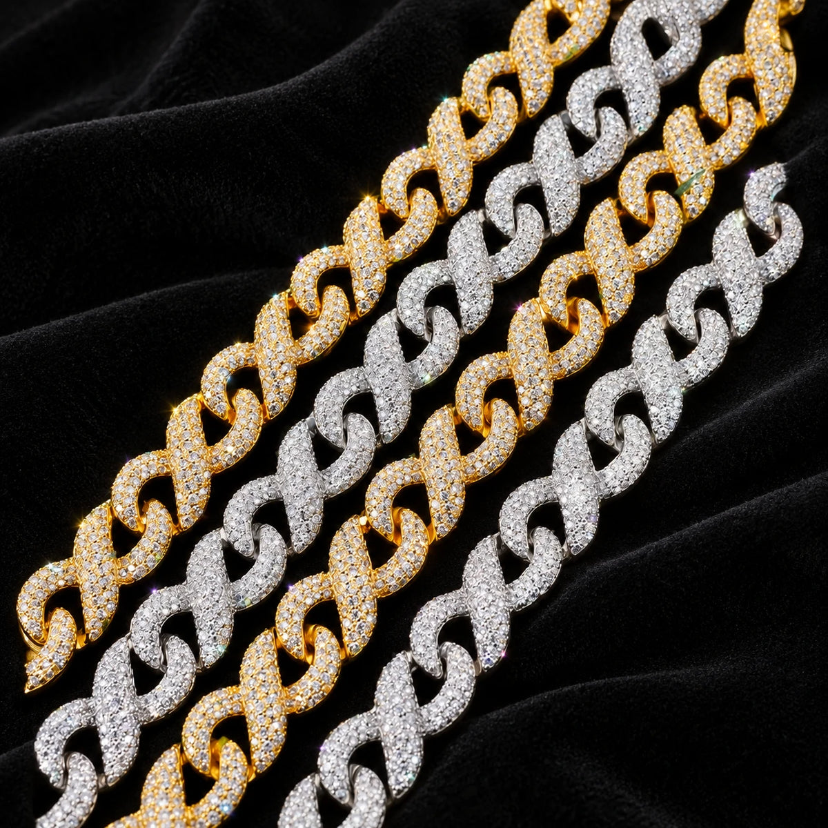 Infinity Cuban Chain — original finish on black velvet with moissanite fire