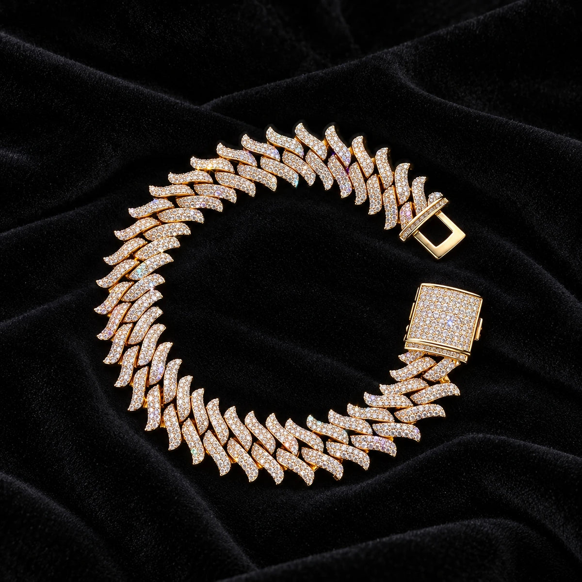 16mm Spiked Cuban Bracelet — original finish on black velvet with moissanite fire