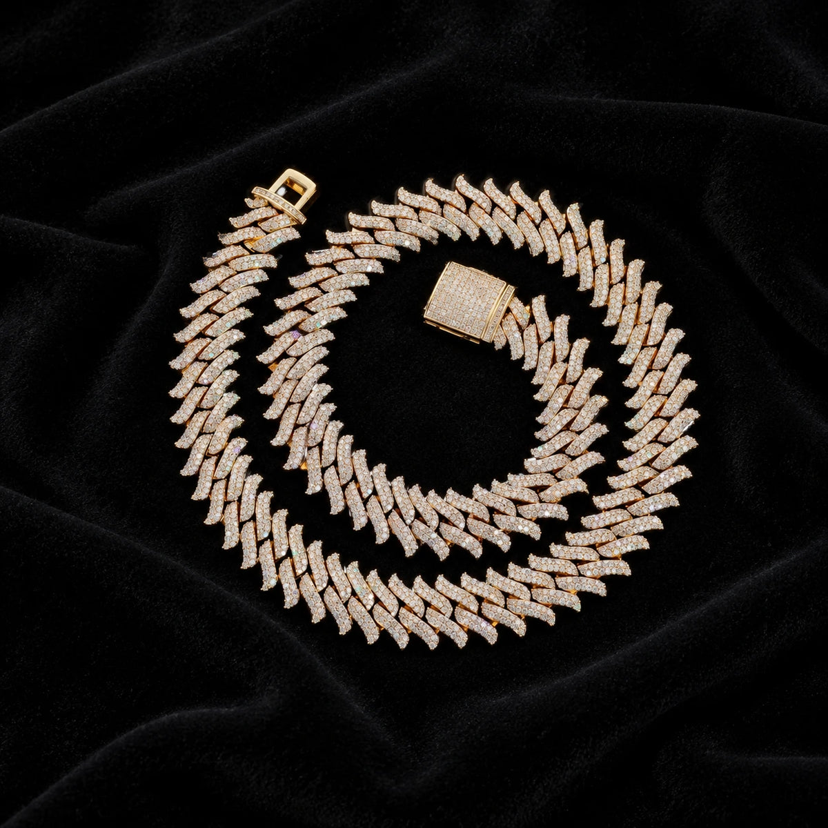 16mm Spiked Cuban Chain — original finish on black velvet with moissanite fire