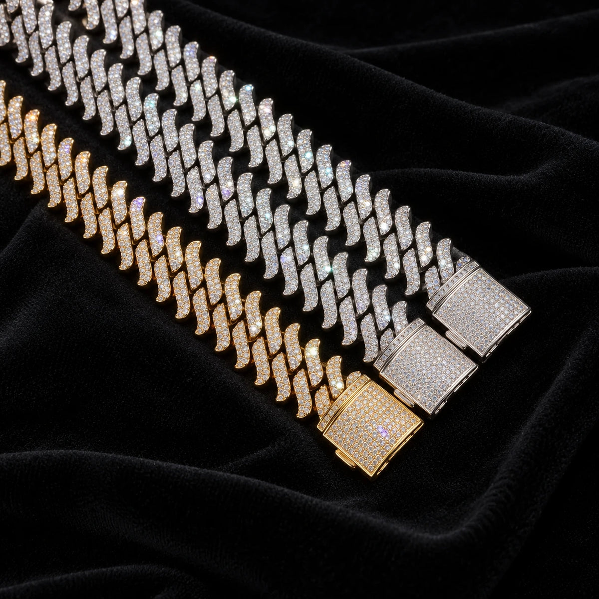 16mm Spiked Cuban Bracelet — original finish on black velvet with moissanite fire