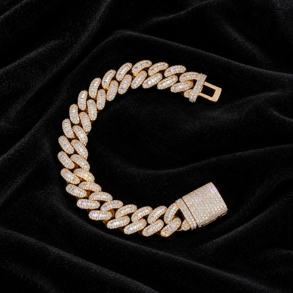 Baguette Cuban Bracelet — original finish on black velvet with moissanite fire