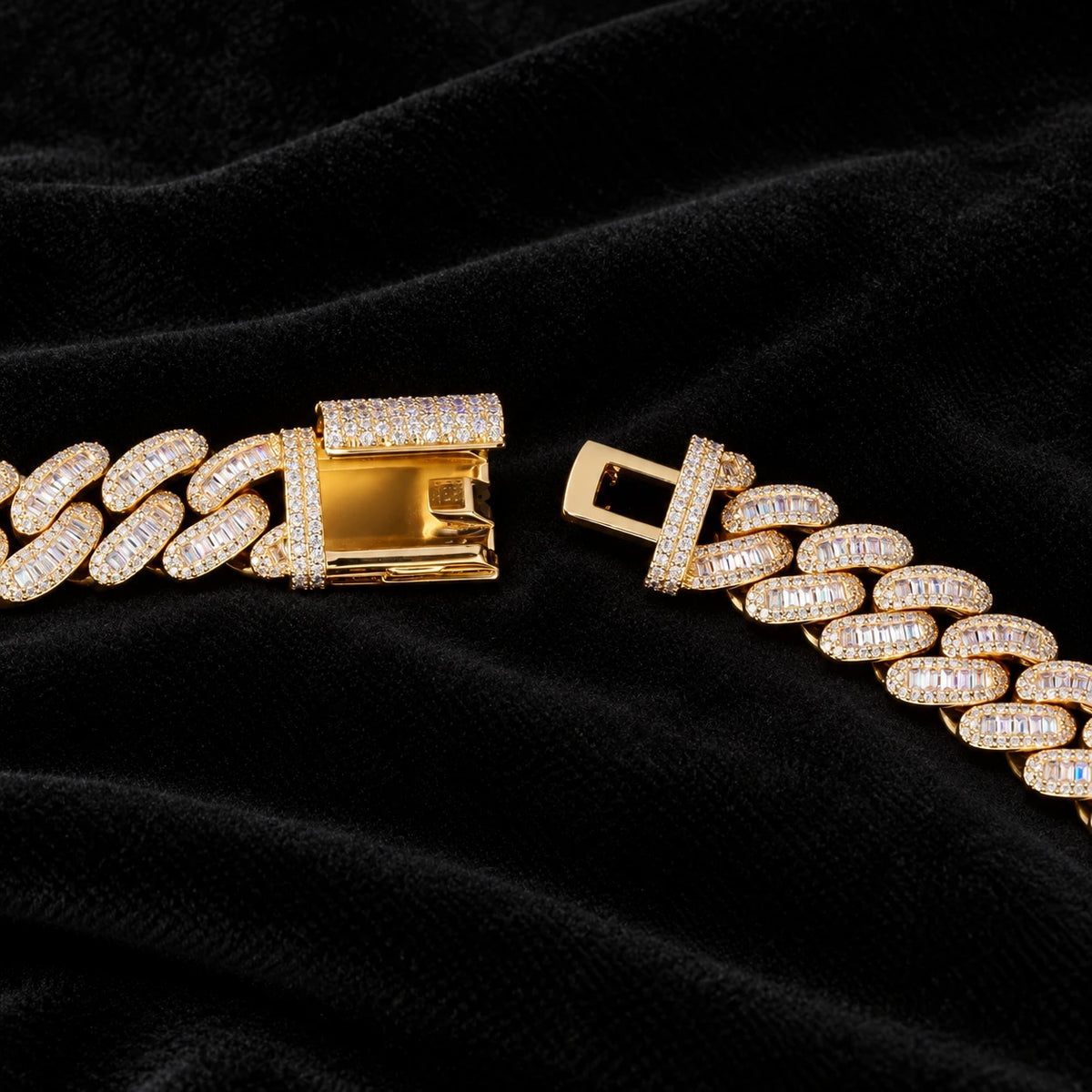 Baguette Cuban Bracelet — original finish on black velvet with moissanite fire