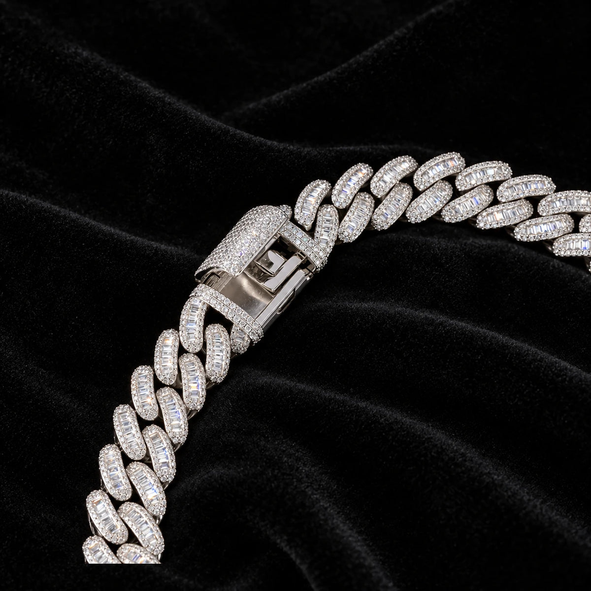 Baguette Cuban Bracelet — original finish on black velvet with moissanite fire