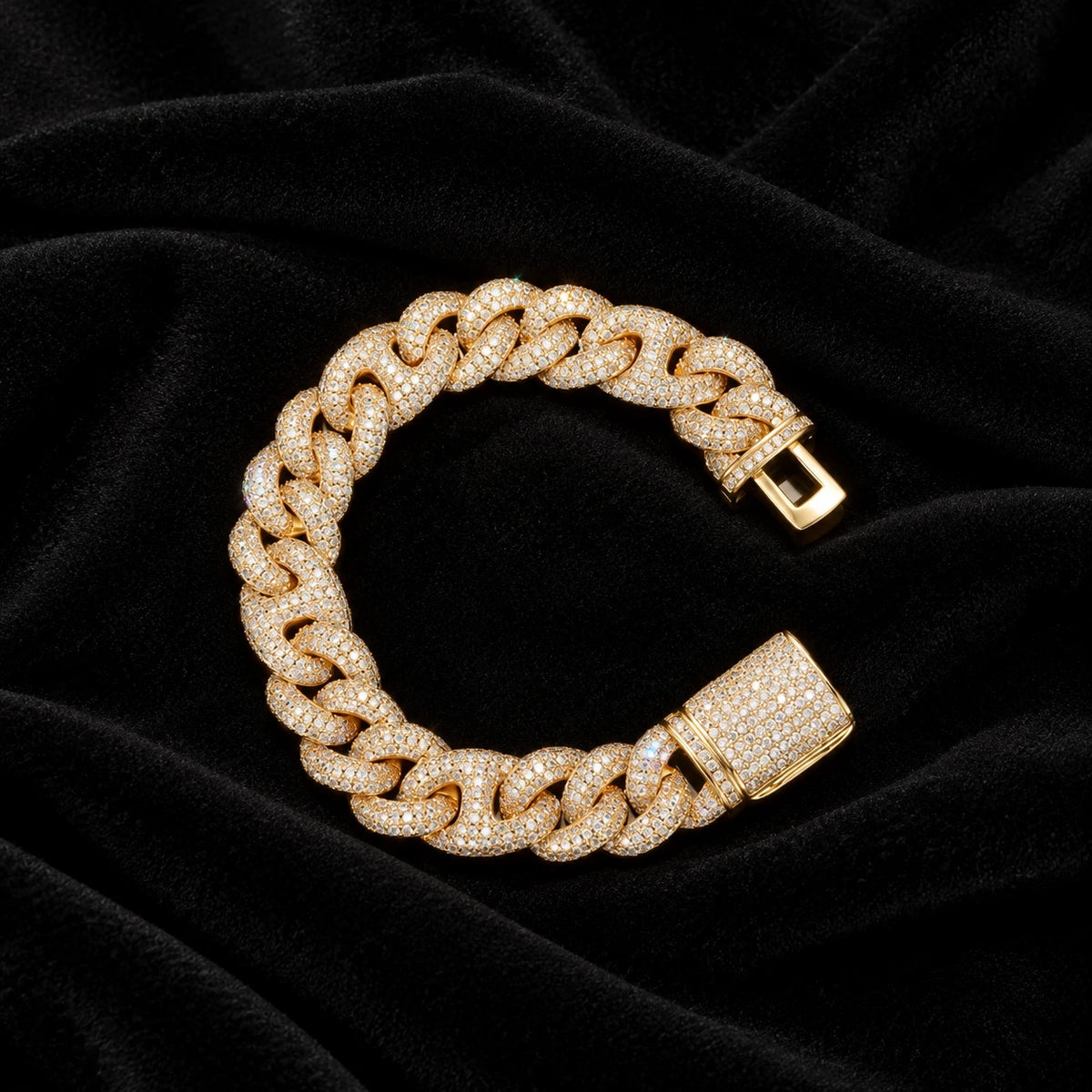 16mm Pavé Cuban Bracelet — original finish on black velvet with moissanite fire