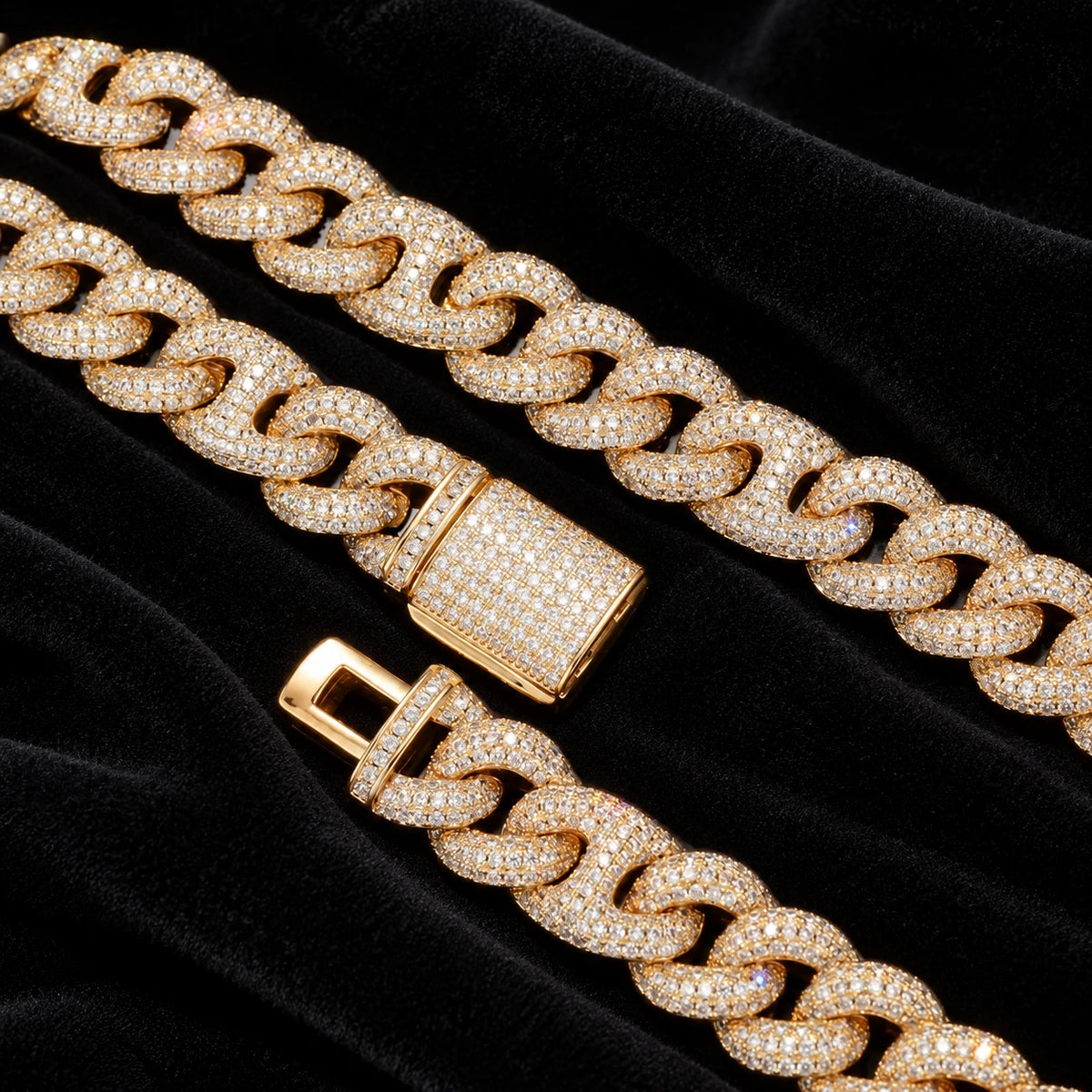 16mm Pavé Cuban Bracelet — original finish on black velvet with moissanite fire