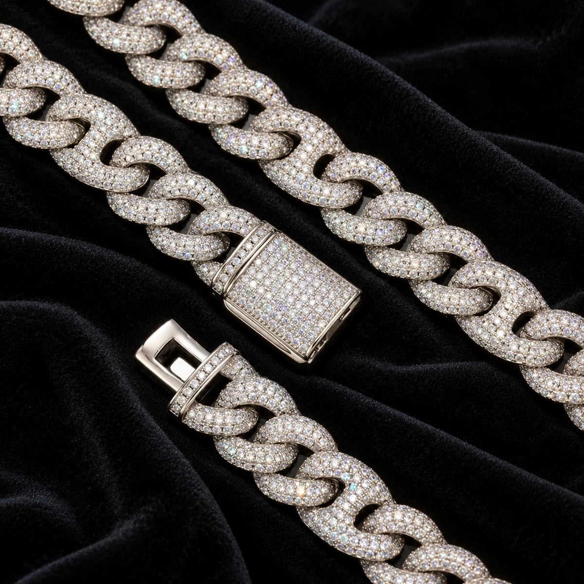 16mm Pavé Cuban Bracelet — original finish on black velvet with moissanite fire