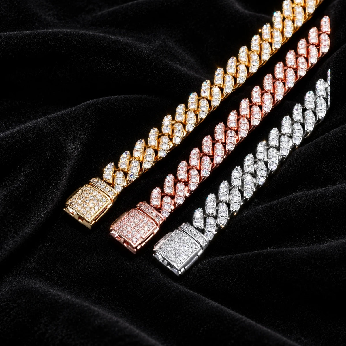 8mm Cuban Bracelet — original finish on black velvet with moissanite fire