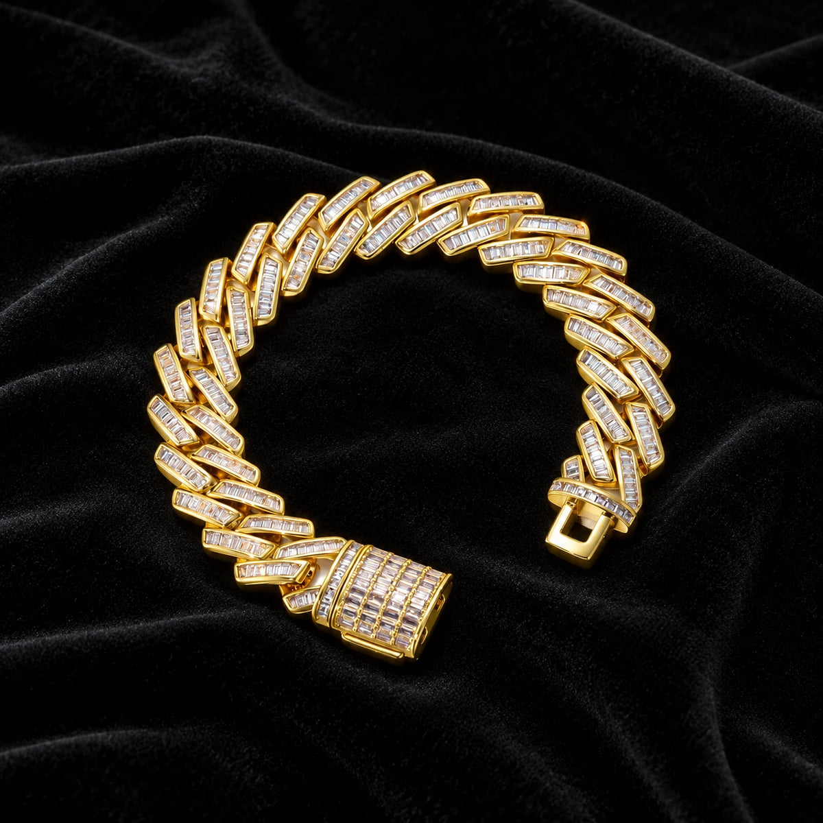 Prong Baguette Cuban Bracelet — original finish on black velvet with moissanite fire