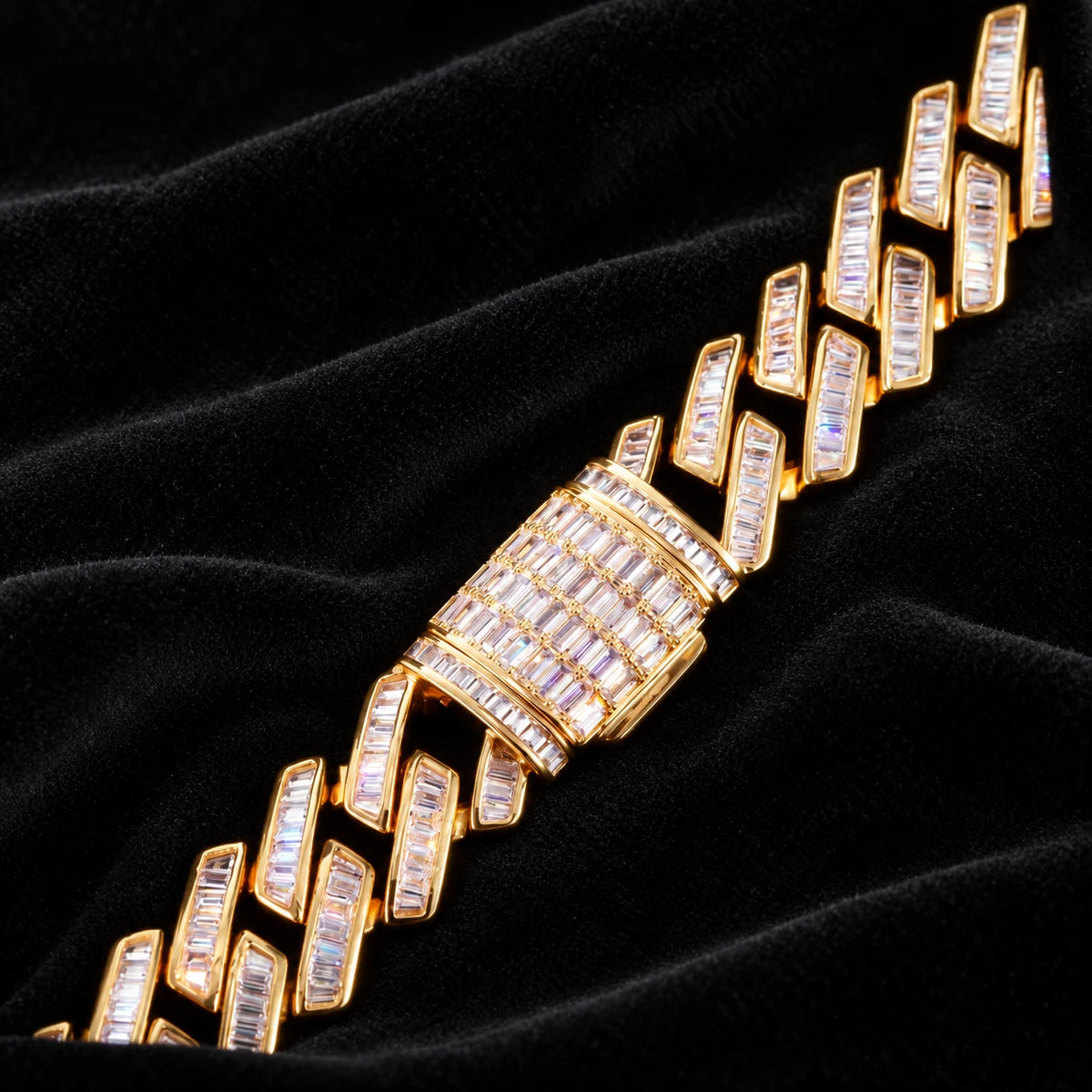 Prong Baguette Cuban Bracelet — original finish on black velvet with moissanite fire