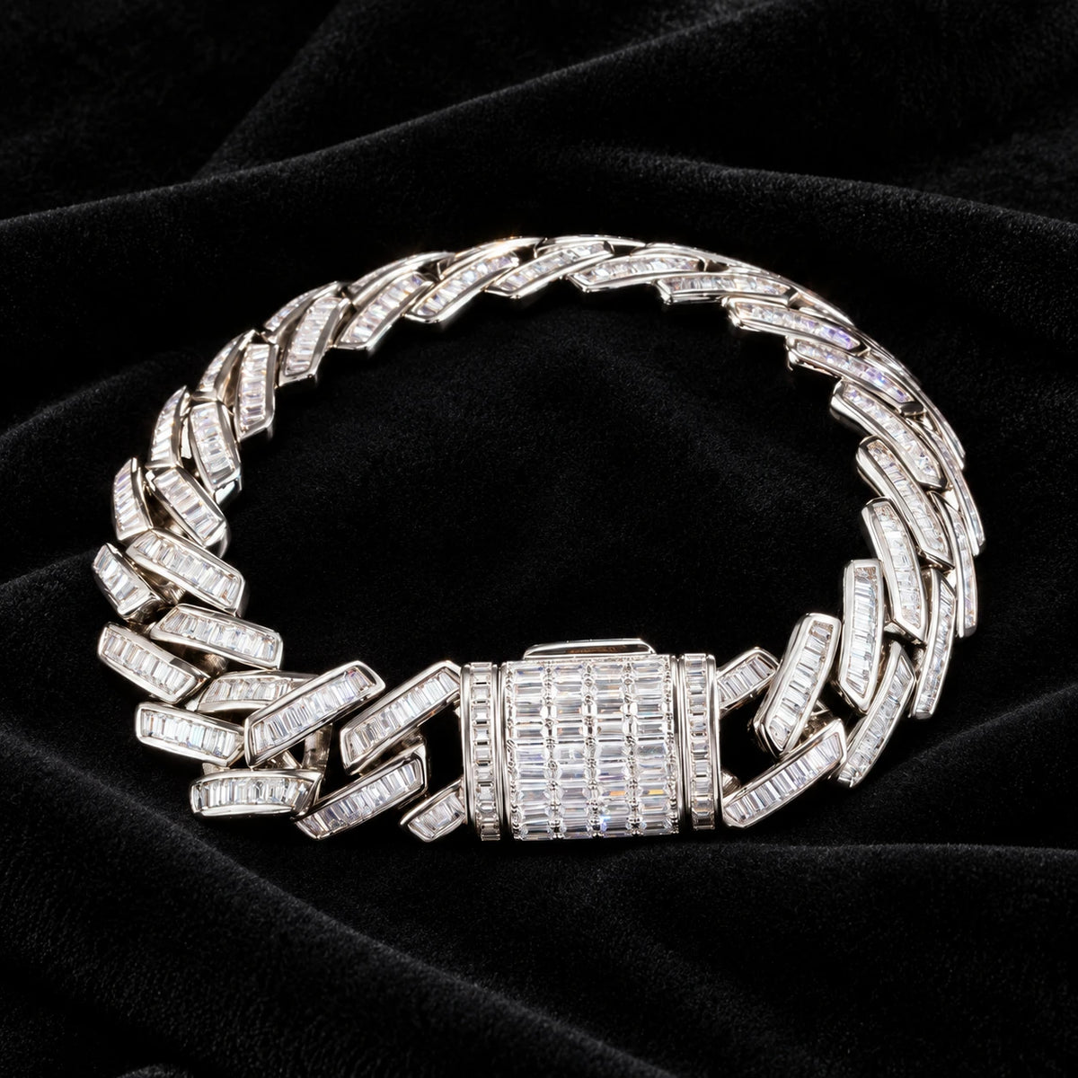 Prong Baguette Cuban Bracelet — original finish on black velvet with moissanite fire