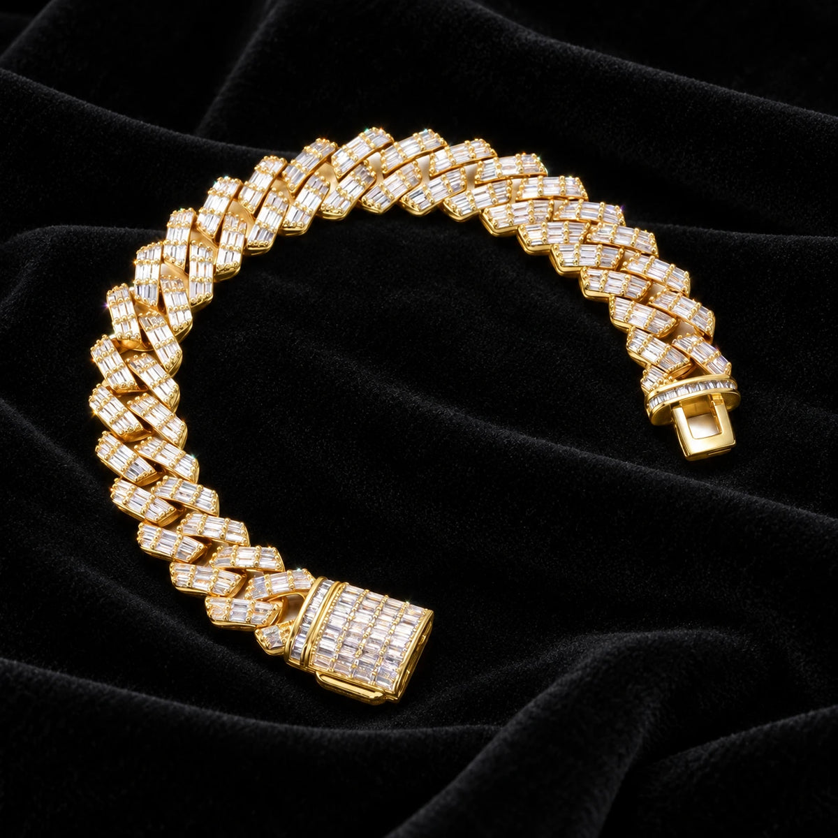 Prong Baguette Cuban Bracelet — original finish on black velvet with moissanite fire