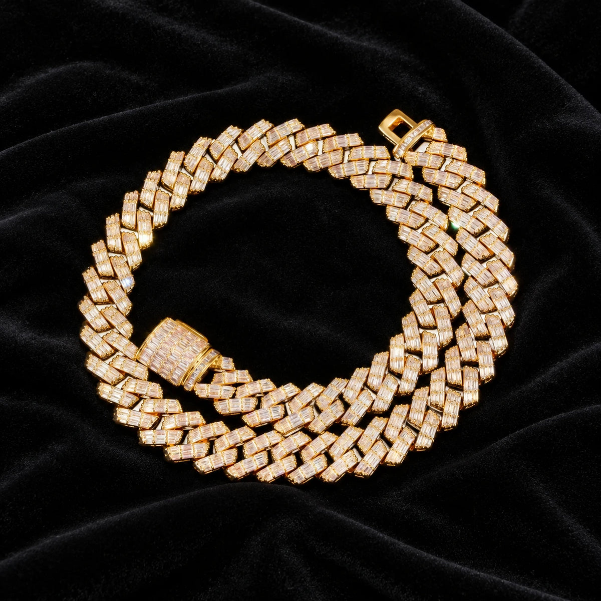 Prong Baguette Cuban Chain — original finish on black velvet with moissanite fire