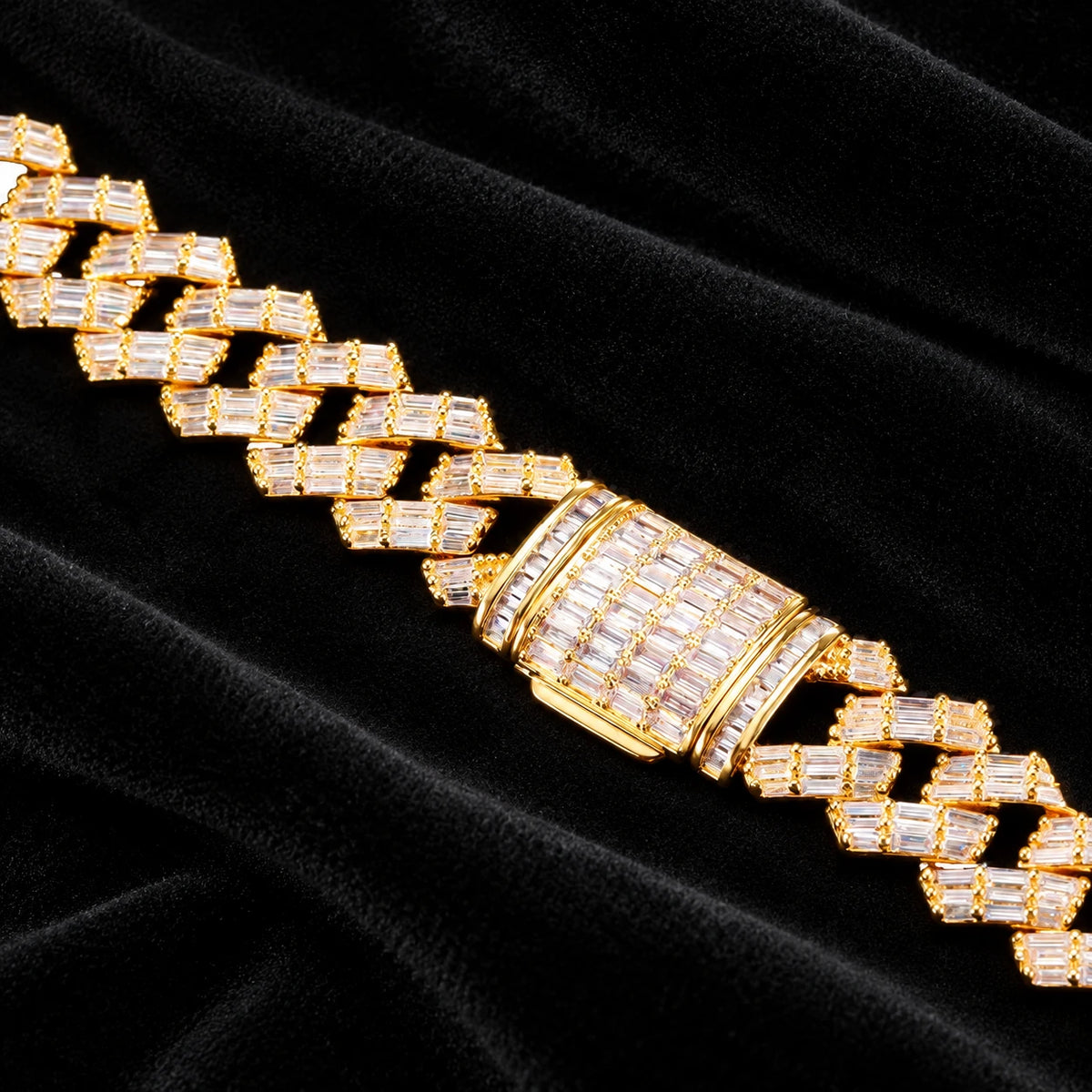 Prong Baguette Cuban Bracelet — original finish on black velvet with moissanite fire