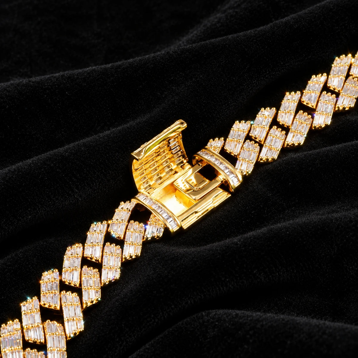 Prong Baguette Cuban Chain — original finish on black velvet with moissanite fire