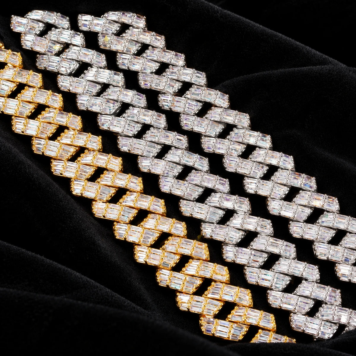 Prong Baguette Cuban Bracelet — original finish on black velvet with moissanite fire