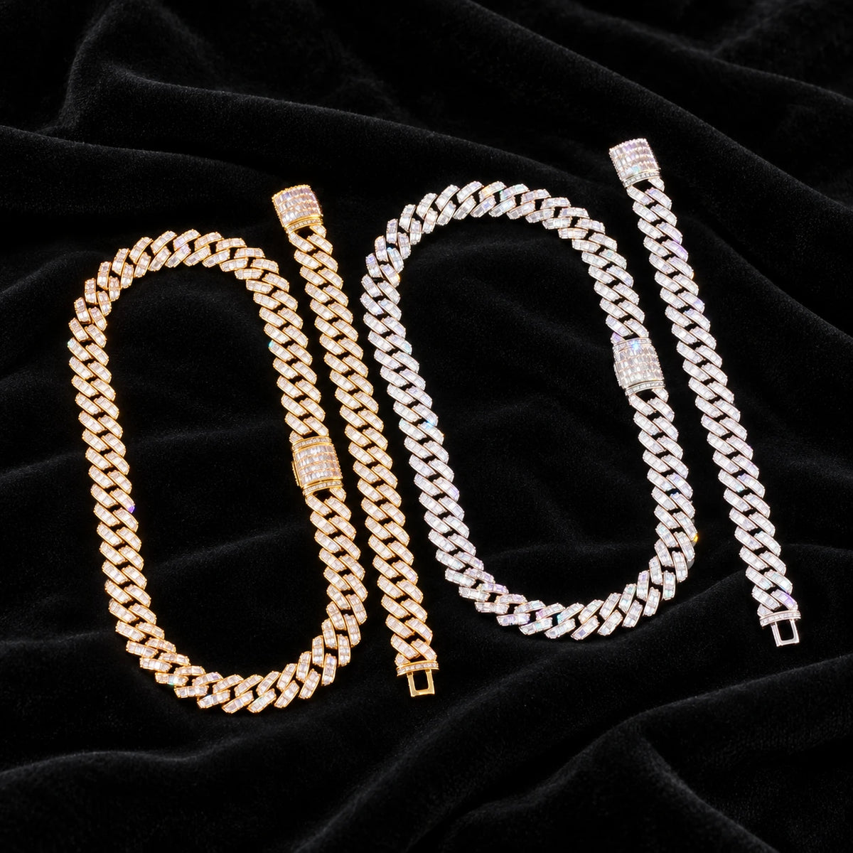 Prong Baguette Cuban Chain — original finish on black velvet with moissanite fire