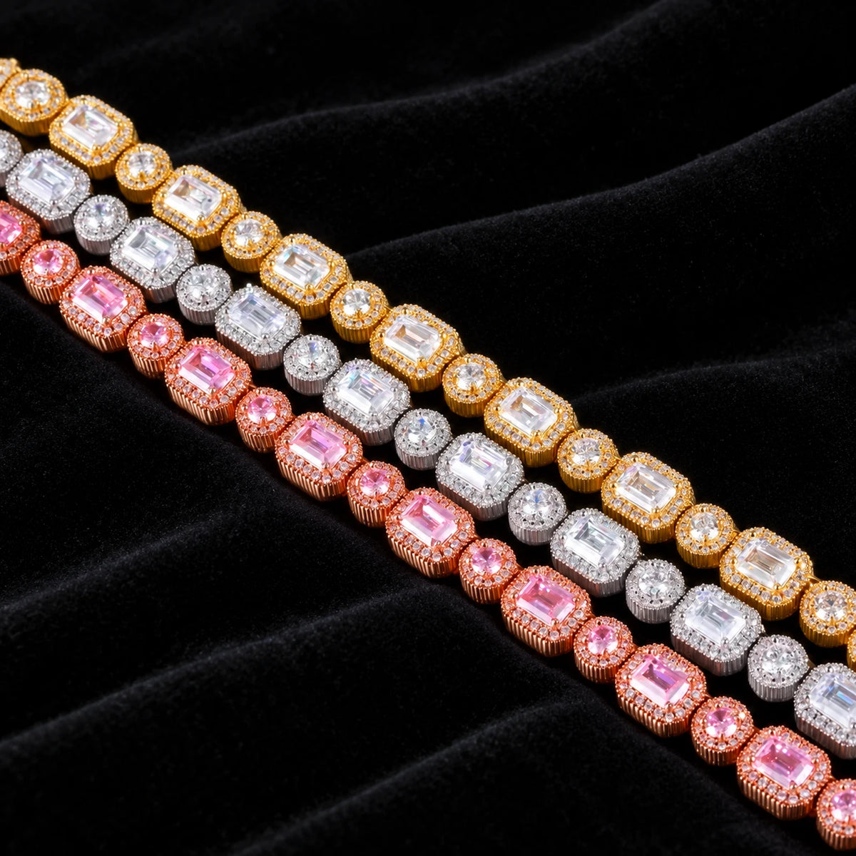 Emerald Clustered Tennis Bracelet — original finish on black velvet with moissanite fire