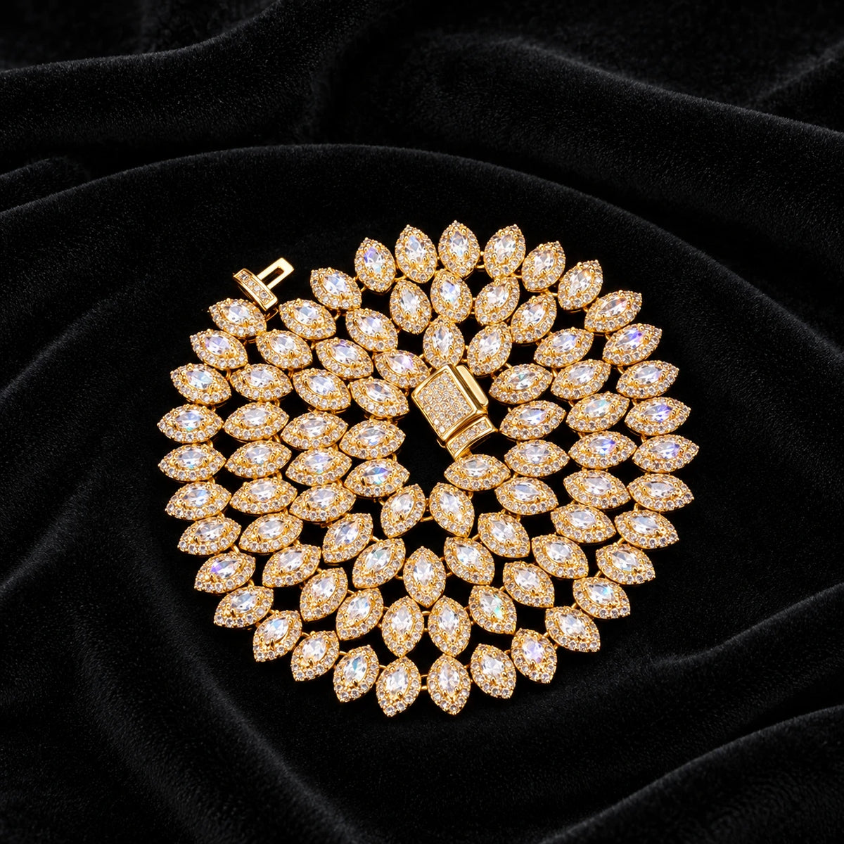 Marquise Cluster Tennis Chain — original finish on black velvet with moissanite fire
