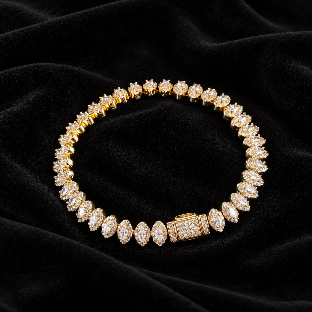 Marquise Cluster Tennis Bracelet — original finish on black velvet with moissanite fire
