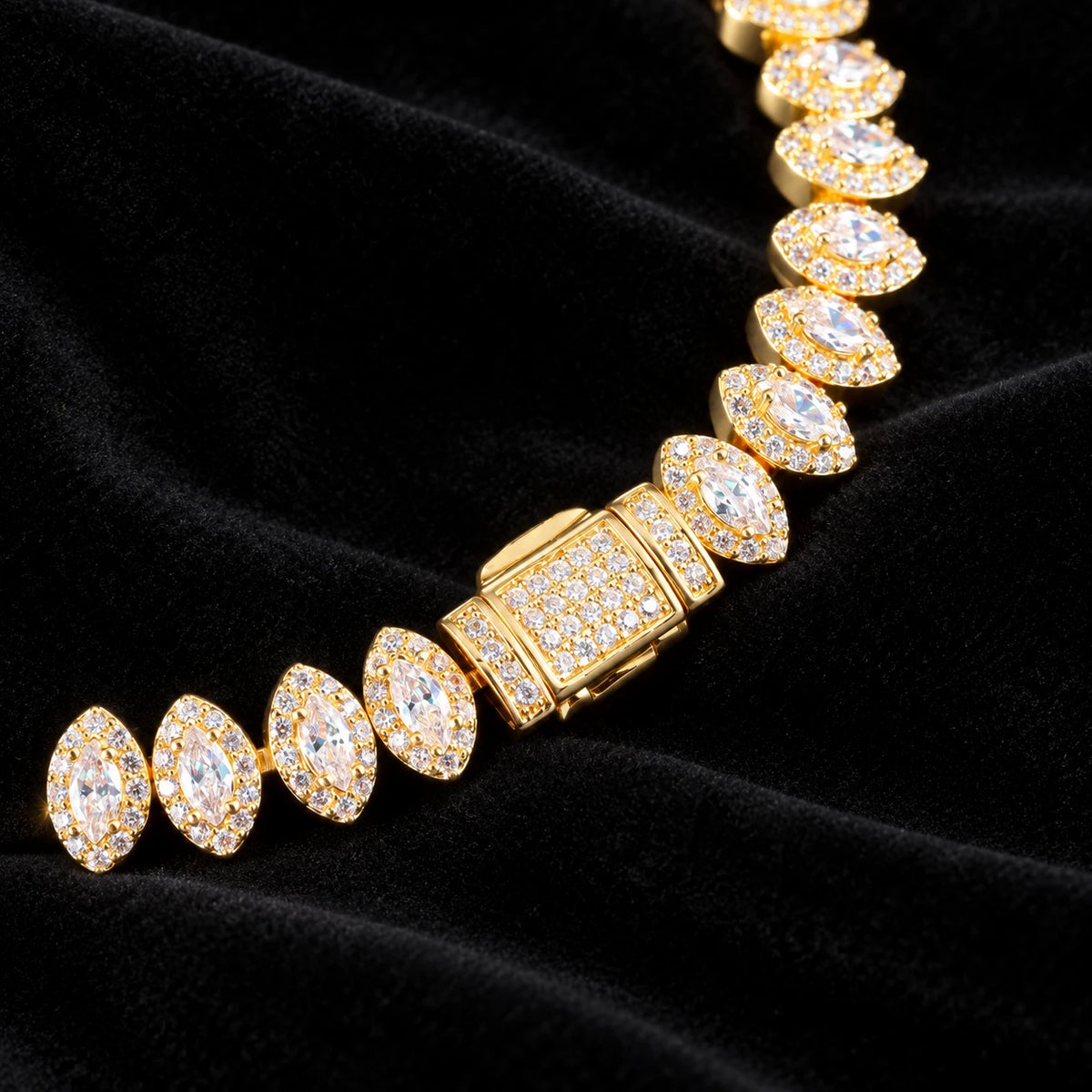 Marquise Cluster Tennis Bracelet — original finish on black velvet with moissanite fire