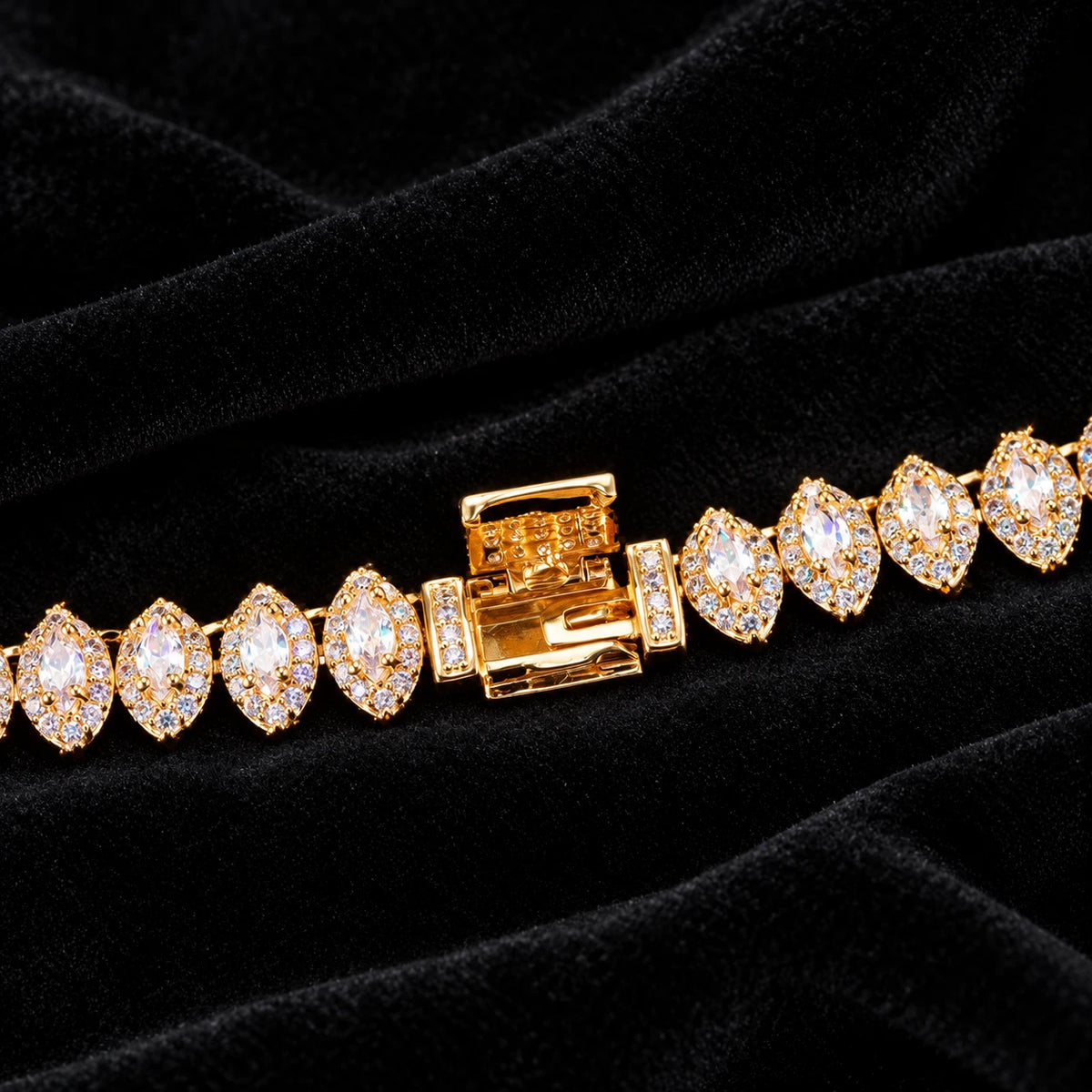 Marquise Cluster Tennis Chain — original finish on black velvet with moissanite fire