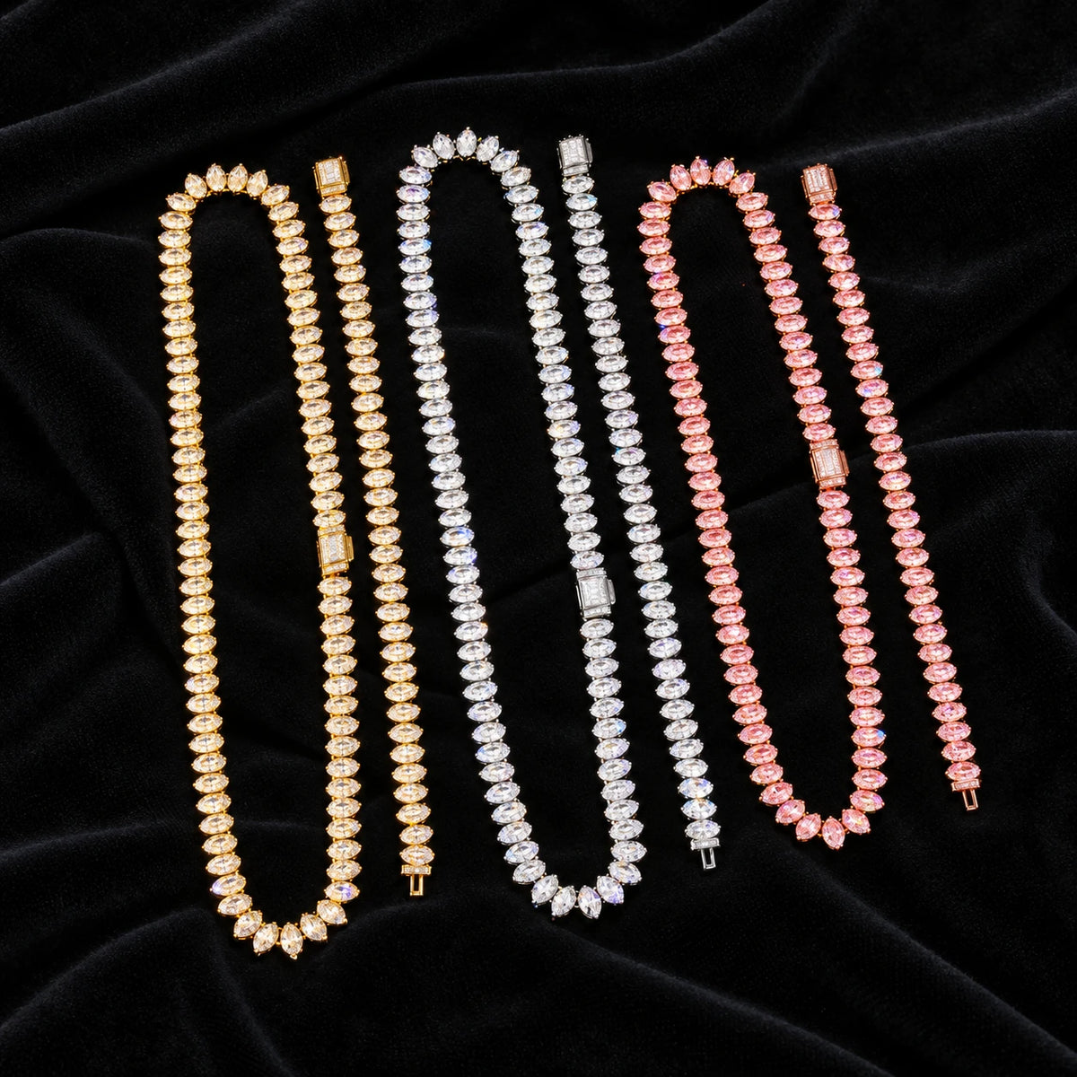Marquise Cluster Tennis Chain — original finish on black velvet with moissanite fire