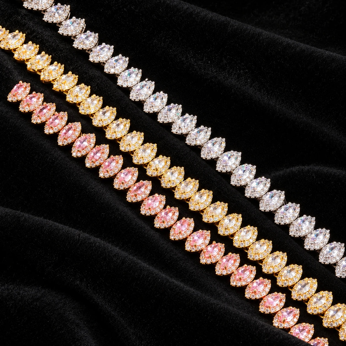 Marquise Cluster Tennis Bracelet — original finish on black velvet with moissanite fire