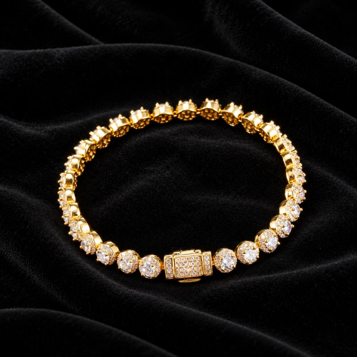 7mm Round Cluster Tennis Bracelet — original finish on black velvet with moissanite fire