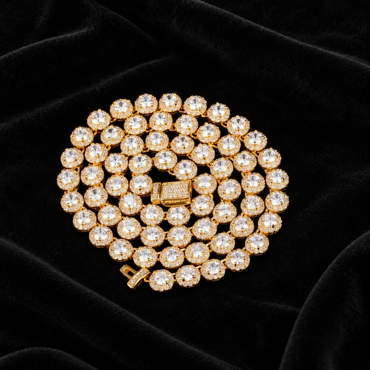 7mm Round Cluster Tennis Chain — original finish on black velvet with moissanite fire