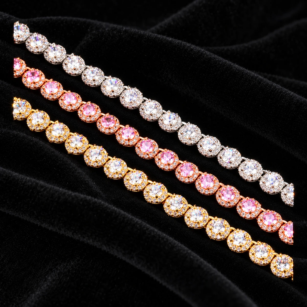 7mm Round Cluster Tennis Bracelet — original finish on black velvet with moissanite fire